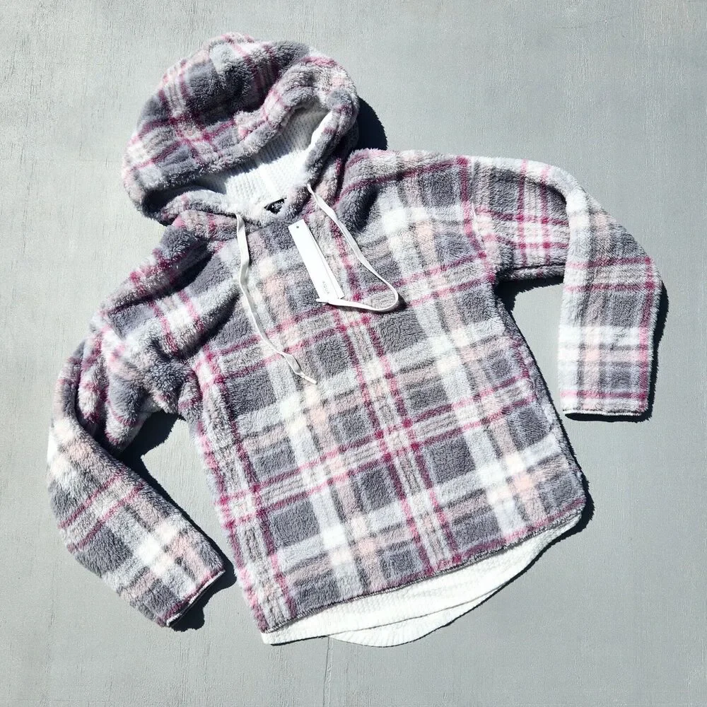 Aqua Women Plaid Grey/Pink Fluffy Cozy Hoodie & Thermal Pants Lounge Set Size XS_2